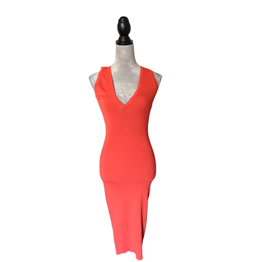 Hera Collection Orange Coral Ribbed Knit V-Neck Bodycon Midi Dress‎ Size Medium